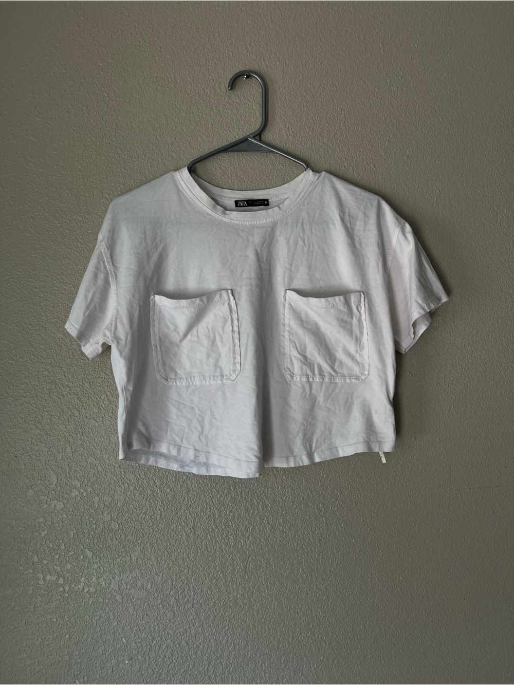Zara White Cropped Pocket T-Shirt